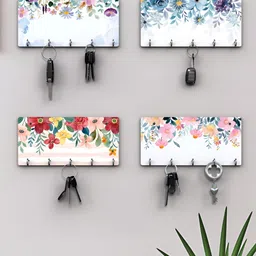 RANDOM White & Blue 4 Pieces Floral Printed Wooden Key Holders-90