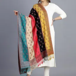HANDICRAFT PALACE Women Mustard Yellow & Black Woven Design Wool Stole-54
