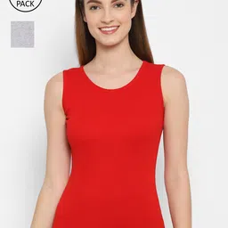Floret Women Pack Of 2 Grey Melange & Red Solid Cotton Non-Padded Camisoles-8