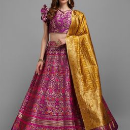 PURVAJA Magenta & Gold-Toned Printed Semi-Stitched Lehenga & Unstitched Blouse With Dupatta-image-3