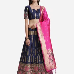 Mitera Navy Blue & Pink Kalamkari Raw Silk Semi-Stitched Lehenga Choli With Dupatta-picture-18