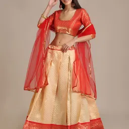 Warthy Ent Cream-Coloured & Red Zardozi Semi-Stitched Lehenga & Unstitched Blouse With Dupatta-picture-21