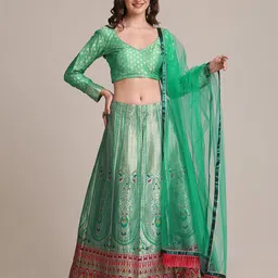 Warthy Ent Green & Red Woven Design Semi-Stitched Lehenga & Unstitched Choli  With Dupatta-picture-31