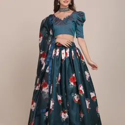 Warthy Ent Navy Blue & Red Foil Print Semi-Stitched Lehenga & Unstitched Blouse With Dupatta-picture-16