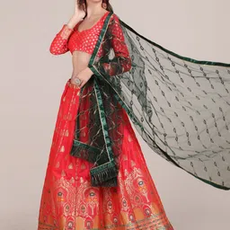 Warthy Ent Peach-Coloured & Green Printed Semi-Stitched Lehenga & Unstitched Blouse With Dupatta-image-78