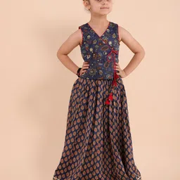 Sangria Girls Blue Floral Printed Gotta Patti Pure Cotton Round Neck Lehenga Choli-41