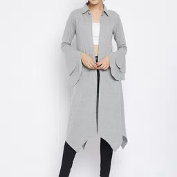 Hypernation Women Grey Melange Solid Open Front Longline Shrug-13