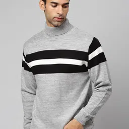 Campus Sutra Men Grey Melange & Black Striped Pullover-image-16