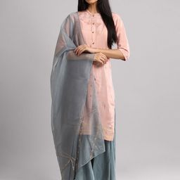 W Blue & Gold-Toned Ethnic Motifs Embroidered Organza Dupatta with Thread Work-image-48