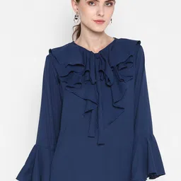 Indietoga Women Plus Size Blue Tie-Up Neck Ruffles Georgette Top-7