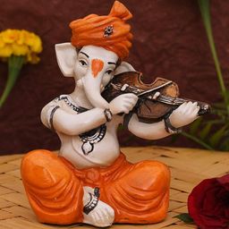 CraftVatika Orange & White Handcrafted Lord Ganesha Playing Violin Idol Showpiece-image-24