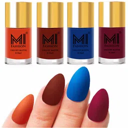 MI FASHION Set Of 4 Velvet Matte Long Lasting Nail Paints 9.9 ml Each - Orange 16 - Cherry Red 17 - Navy Blue 18 - Mauve 25-14