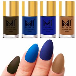 MI FASHION Set Of 4 Velvet Matte Long Lasting Nail Paints - 9.9ml Each - Olive Brown 15 -Navy Blue 18 - Royal Blue 19 & Dark Nude 27-image-76
