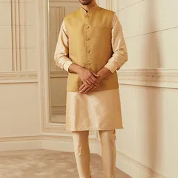 Tasva Men Gold-Toned Kurta with Churidar & Nehru Jacket-picture-57