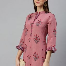SHOWOFF Women Purple Floral Three-Quarter Sleeves Mandarin Collar Straight Kurta-image-63