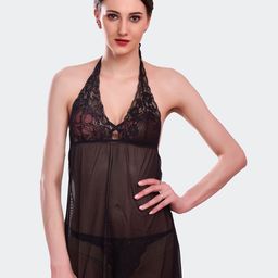 Fleurt Women Black Halter Neck Self Design Baby Doll-image-42