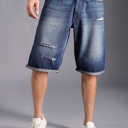 High Star Men Washed Mid-Rise Distressed Cotton Denim Shorts-image-39