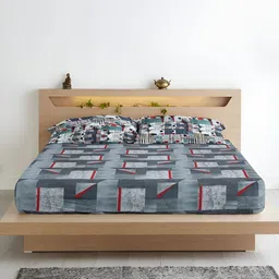 Aurave Grey & Red Geometric 300 TC King Bedsheet with 2 Pillow Covers-image-99