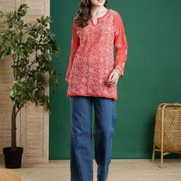 ADA Red & White Ethnic Motifs Embroidered Chikankari Handloom Kurti-29