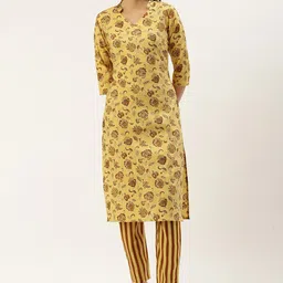 KALINI Floral Printed Mandarin Collar Three-Quarter Sleeves Kurta with Trousers-picture-40
