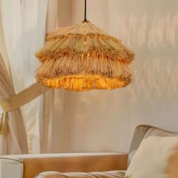 fos lighting Bohemian Glow Fringed Munja 14 inch Cane Pendant Hanging Light with Brass Accents (Brown)-picture-0