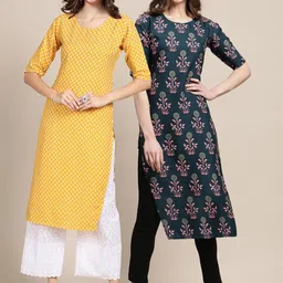 KALINI Women Multicoloured Pack Of 2 Floral Printed Block Print Crepe Kurta-6