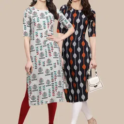 KALINI Women's Crepe Beige & Black Color Printed Handloom Straight Kurta (PACK OF 2)-19