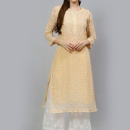 Seva Chikan Floral Embroidered Notched Neck Lucknowi Chikankari Georgette Straight Kurta-image-84