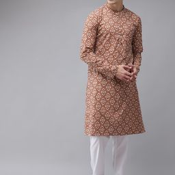 See Designs Men Beige Ethnic Motifs Printed Handloom Kurta-picture-38