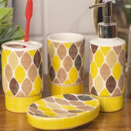 MARKET99 Yellow & Brown 4 Pieces Printed Ceramic Bathroom Set-3