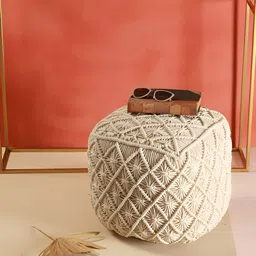 Manor House White Macrame Wooden Square Ottoman-image-49