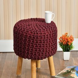 Shadowkart Beige & Maroon Textured Knitted Wood Round Ottoman-image-79