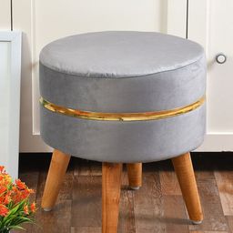 RIANCE CREATIONS Grey Round Wooden Velvet Ottomans-image-97