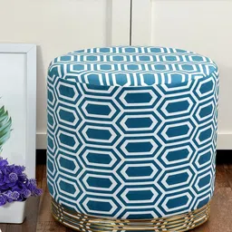 RIANCE CREATIONS Blue & White Printed Round Wooden Ottoman-9
