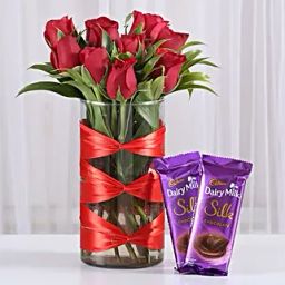 Red Roses Vase & Dairy Milk Silk Combo-28
