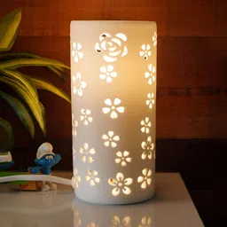 Ekhasa White Textured Ceramic Quirky Cylinder Shaped Table Lamp-11