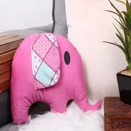 STITCHNEST Pink & White Printed Elephant Shaped Velvet Pre-Filled Cushions-37
