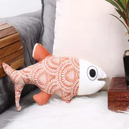 STITCHNEST Brown & White Printed Fish Shaped Velvet Pre-Filled Cushion-44