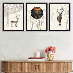 Art Street Set of 3 Brown & White Auspicious Deer Framed Art Print-19