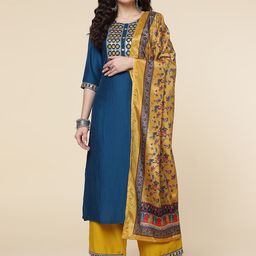 HERE&NOW Ethnic Motifs Embroidered Mirror Work Jute Silk Kurta with Trousers & Dupatta-31