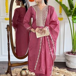 PARNAVI Women Floral Embroidered Regular Thread Work Chanderi Cotton Kurta with Trousers & With Dupatta-image-77