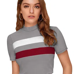ODETTE Colourblocked High Neck Long Sleeves Crepe Crop Top-image-37