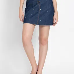 SHAYE Premium Washed Cotton Denim All Over Sequin Embroidery & Metal Button Short Skirt-image-20