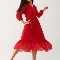 AASK Self Design V-Neck Ruffled Crepe Fit & Flare Midi Midi Dress-image-23