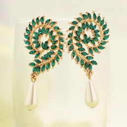 SOHI Green & Off White Gold Plated Contemporary Drop Earrings-72