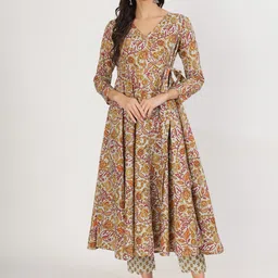Divena Floral Printed Pure Cotton Anarkali Angrakha Kurta With Trousers-image-62