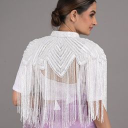 ODETTE Embellished Self Design Crop Tassels Button Shrug image 4