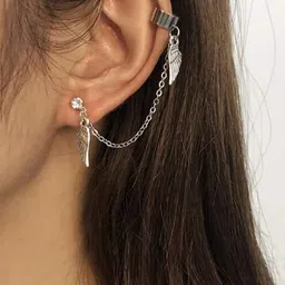 FIMBUL Silver-Plated Leaf Charm Chain Ear Cuff Earring image 4