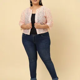 UnaOne Plus Size Self Design Open Front Cotton Shrug image 2