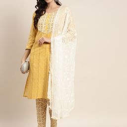 Jompers Women Yellow Ethnic Motifs Printed Gotta Patti Pure Cotton Kurta with Trousers & With Dupatta-image-35